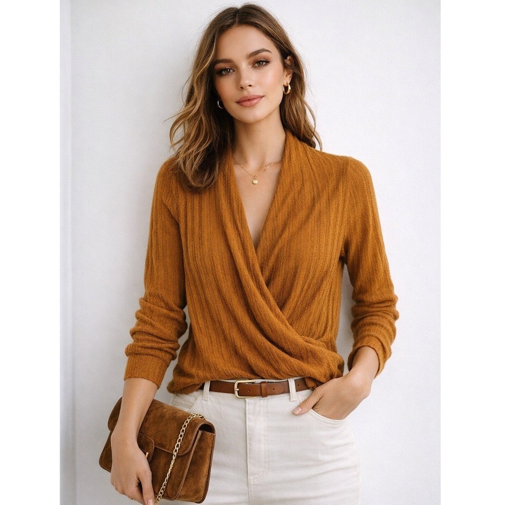 Maeve Anthropologie Mustard Yellow Ribbed Knit Surplice Wrap Top XS